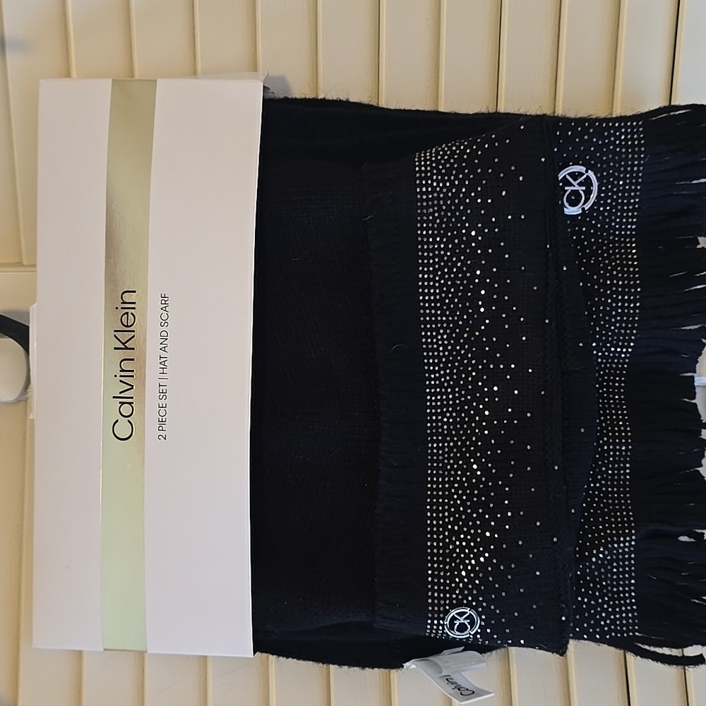 Calvin Klein Black Hat and Scarf Set with Rhinestone Detailing